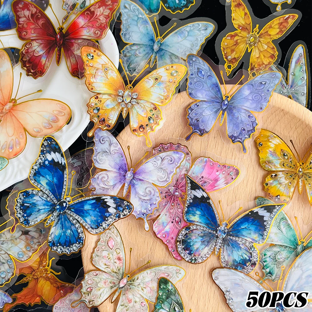 50-Piece Set of Gemstone Butterfly Stickers for Laptops, Suitcases, Scrapbooks, Diaries, DIY, Skateboards, and Water Bottles