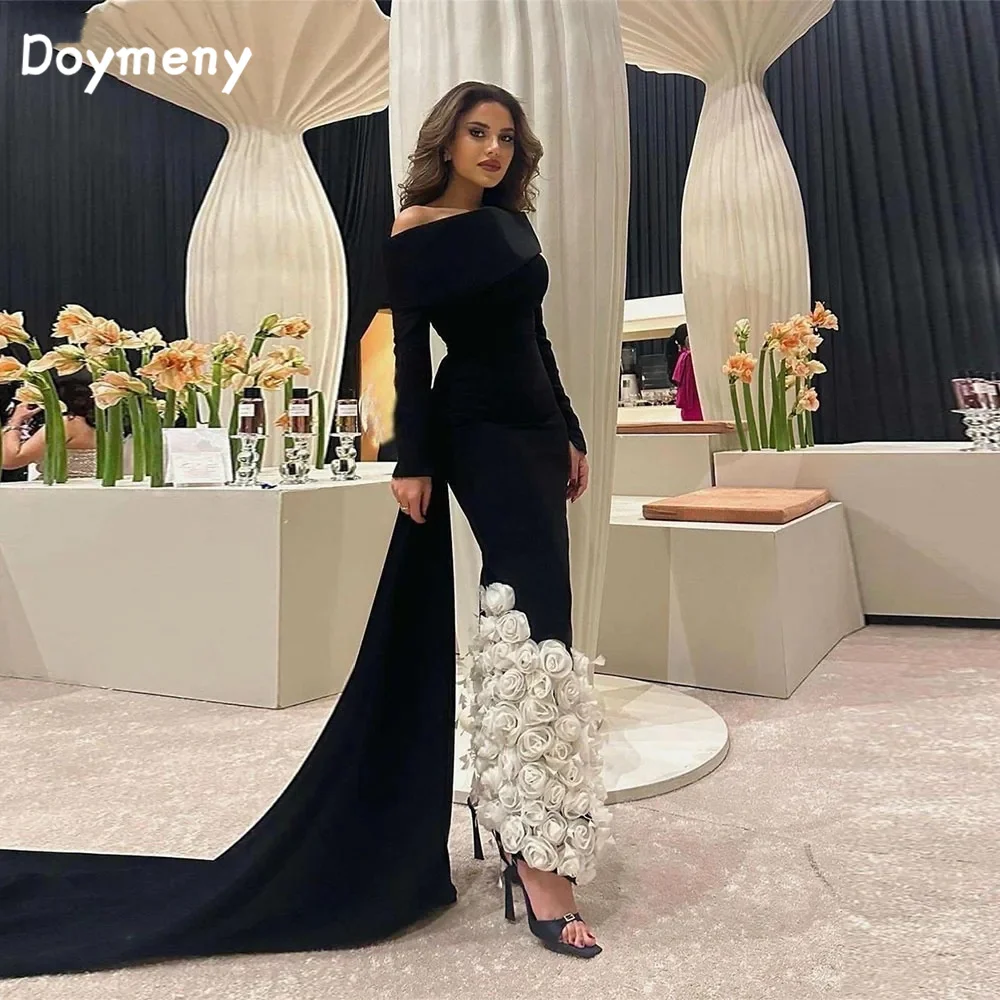 Doymeny Saudi Arabia Mermaid Evening Dresses Full Sleeves Satin Flowers Formal Occasion For Women Long Train Prom Sleeves