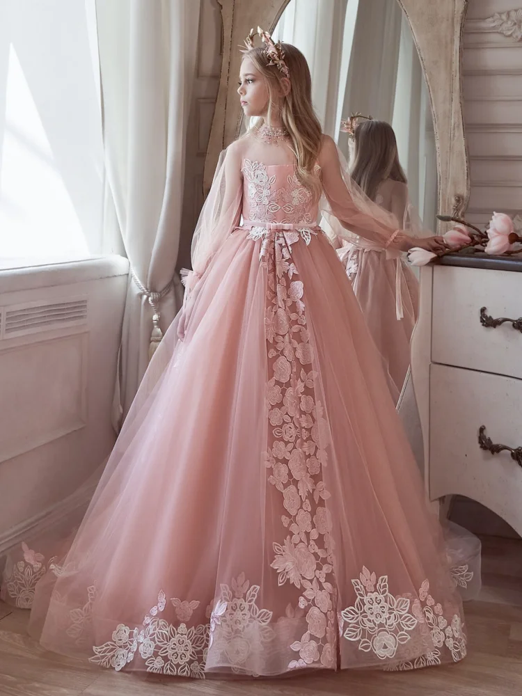

Pink Flower Girl Dresses Tulle Appliques Beading With Tailing Long Sleeve For Wedding Birthday Party Banquet Princess Gowns