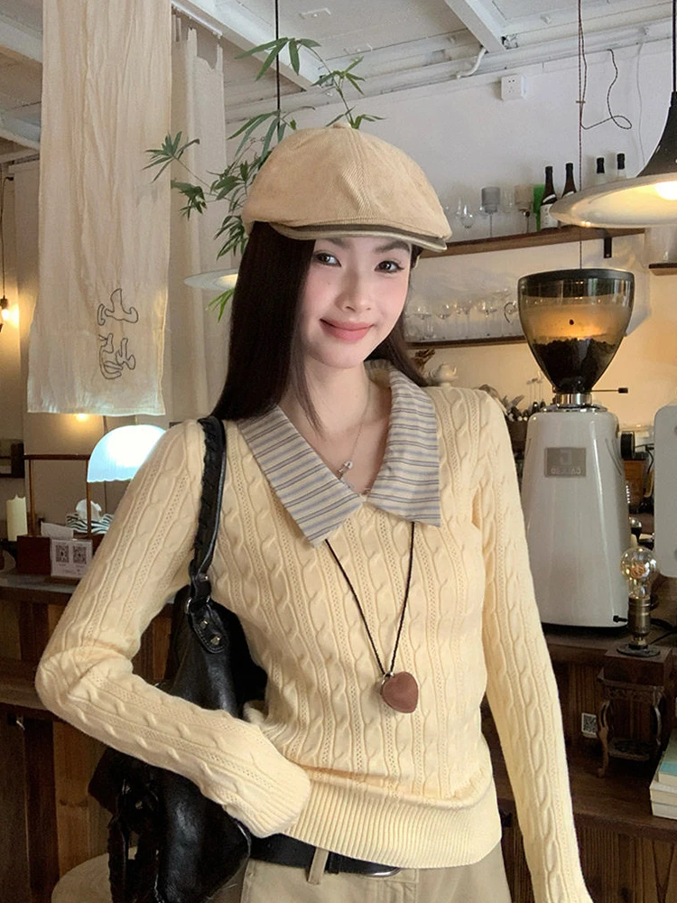 

Korean College Sle irt Collar Knitted Sweater Women's Slim Fit Soft Design Splicing Knitted Top Sweet Sle Long Sve