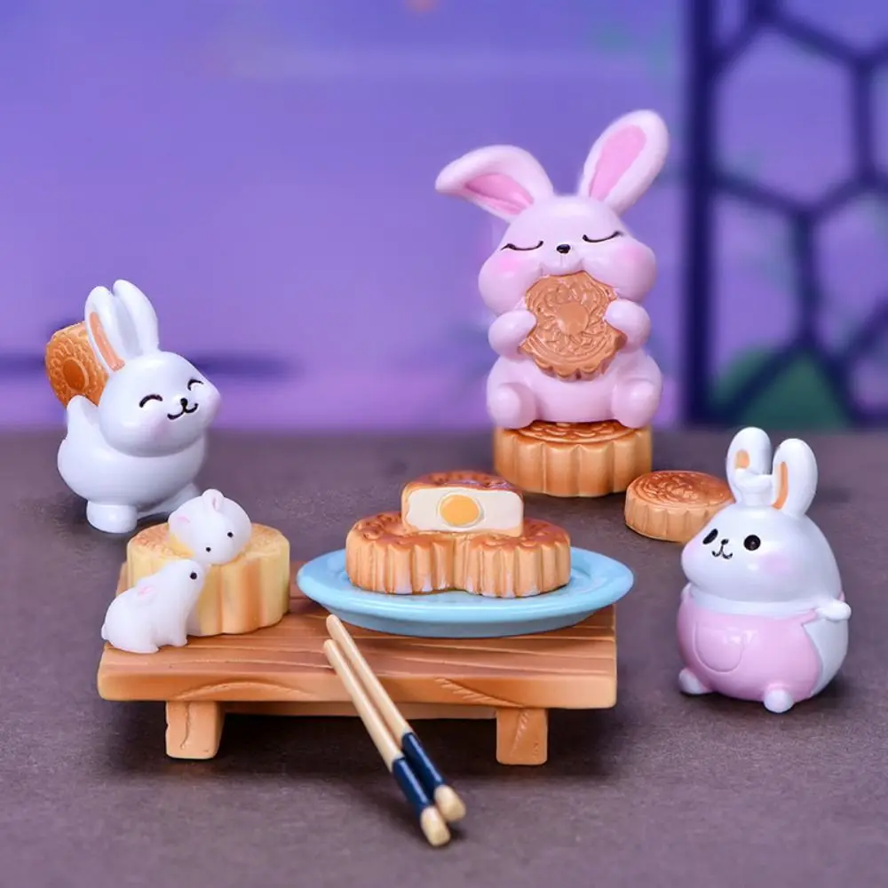 Creative Cartoon Rabbit Figurines Miniatures Cute Mini Resin Mooncake Desk Model Micro Landscape Ornament for Home Decoration