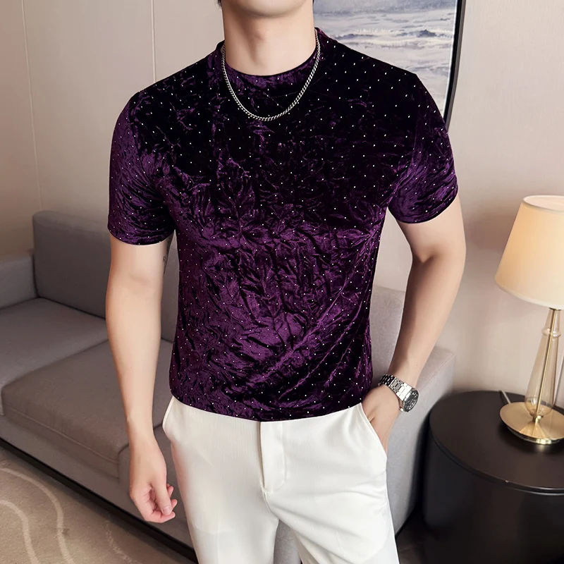 

Summer Velvet Pleated Hot Stamping T-shirt for Men's Fashion Versatile Slim Fit Casual T-shirts Half High Collar Base Shirt 2025