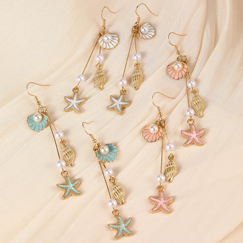 1pair Beachy Long Tassel Earrings – Shell, Conch & Starfish Charms for a Boho Summer Look.