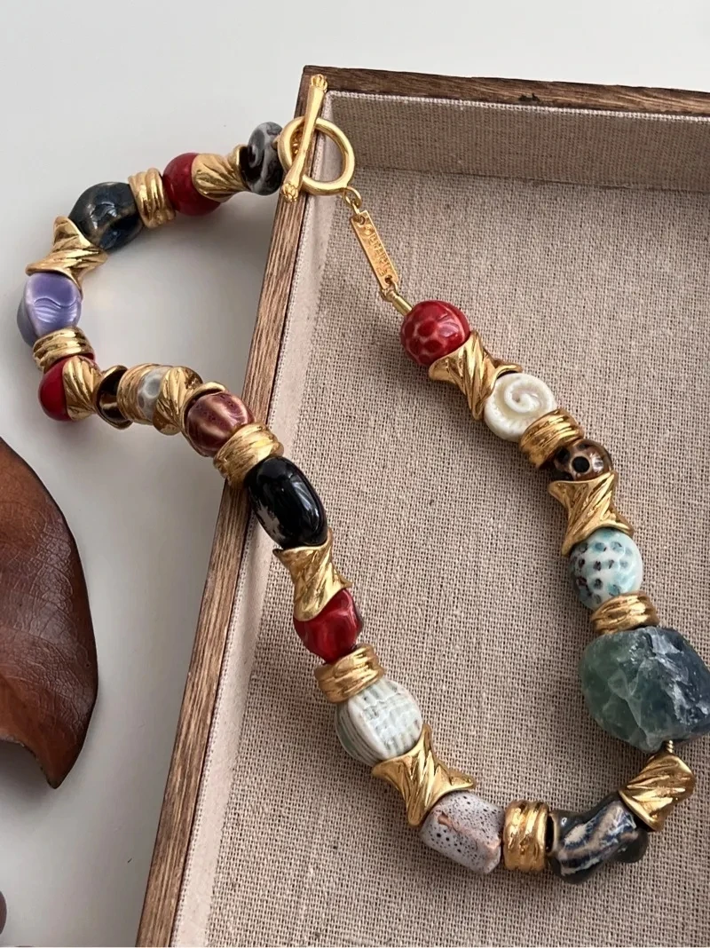 Brass Retro Natural Stone Pearl Necklace Earrings  Women Jewelry Punk Designer Runway Gown Boho Japan Korean