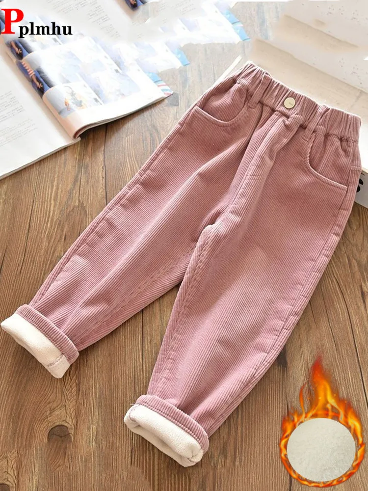 Velvet Lined Corduroy Kids Harem Pants Winter Elastic High Waist Warm Boys/Girls Pantalones Baggy Thicken Plush Children Spodnie