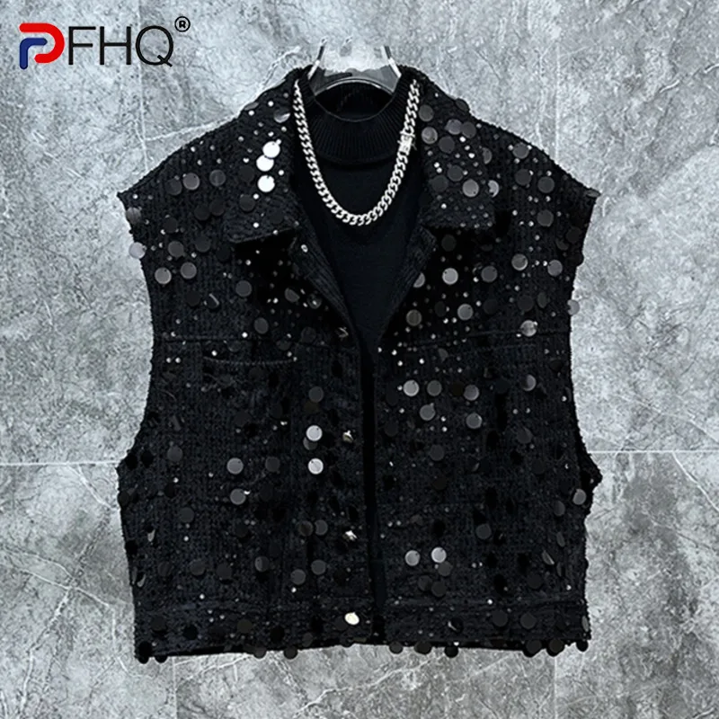 

PFHQ Korean Nightclub Vest Sequin Design Personalized Fashionable Short Denim Top 2024 Sleeveless Turn-down Collar 21Z5590