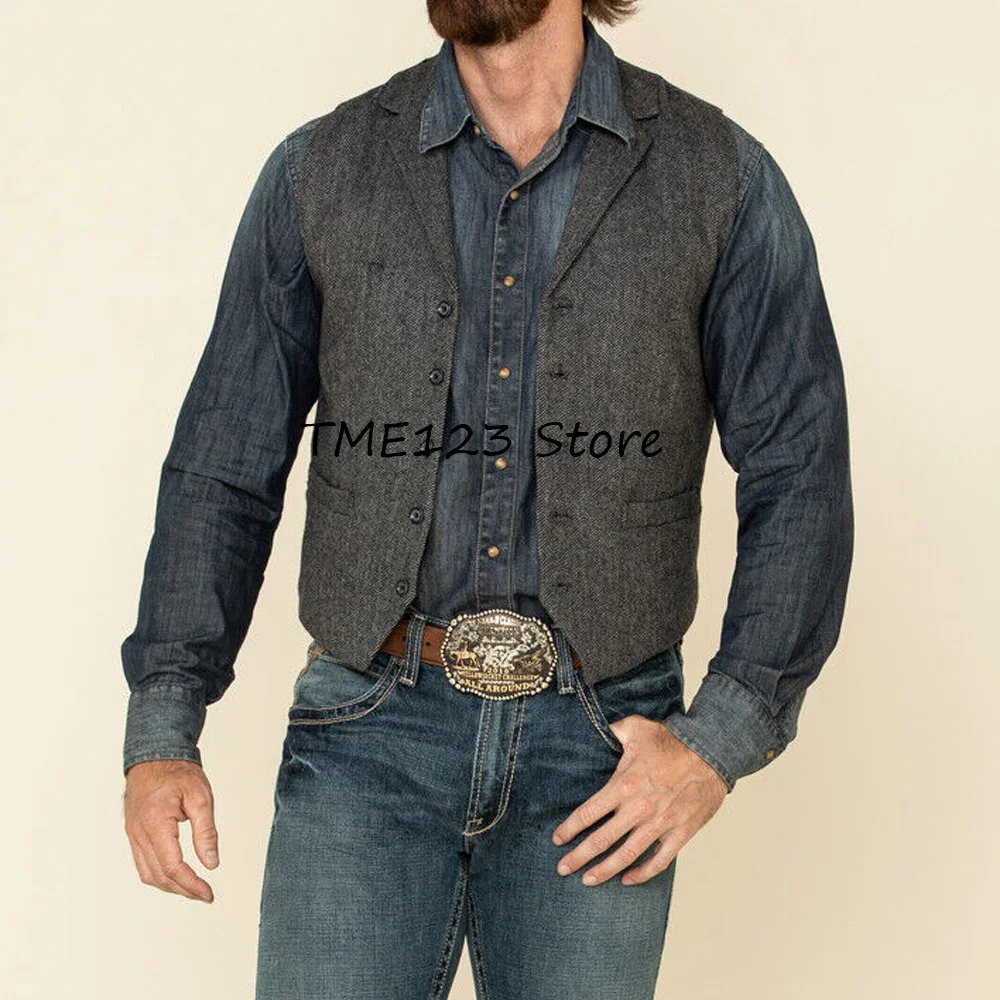 

Workwear Vest Vintage Herringbone Fabric Elegant Mens Vest Suit Collar Vests for Men Single-breasted Straight Pockets Fashion