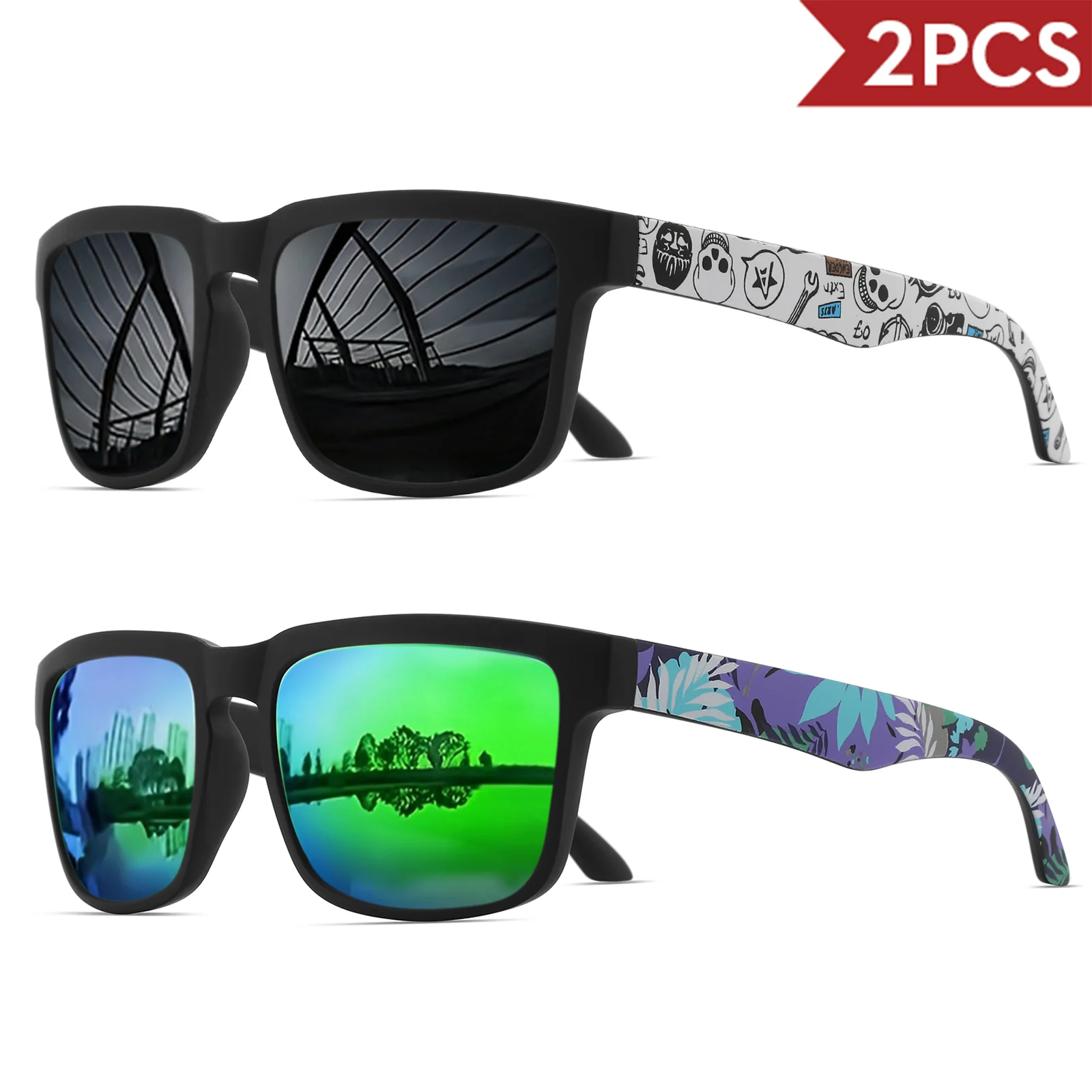 2 quadratische Sport-Sonnenbrille mit Designer-Tempelmuster – UV400 für Männer und Frauen, Strandurlaub