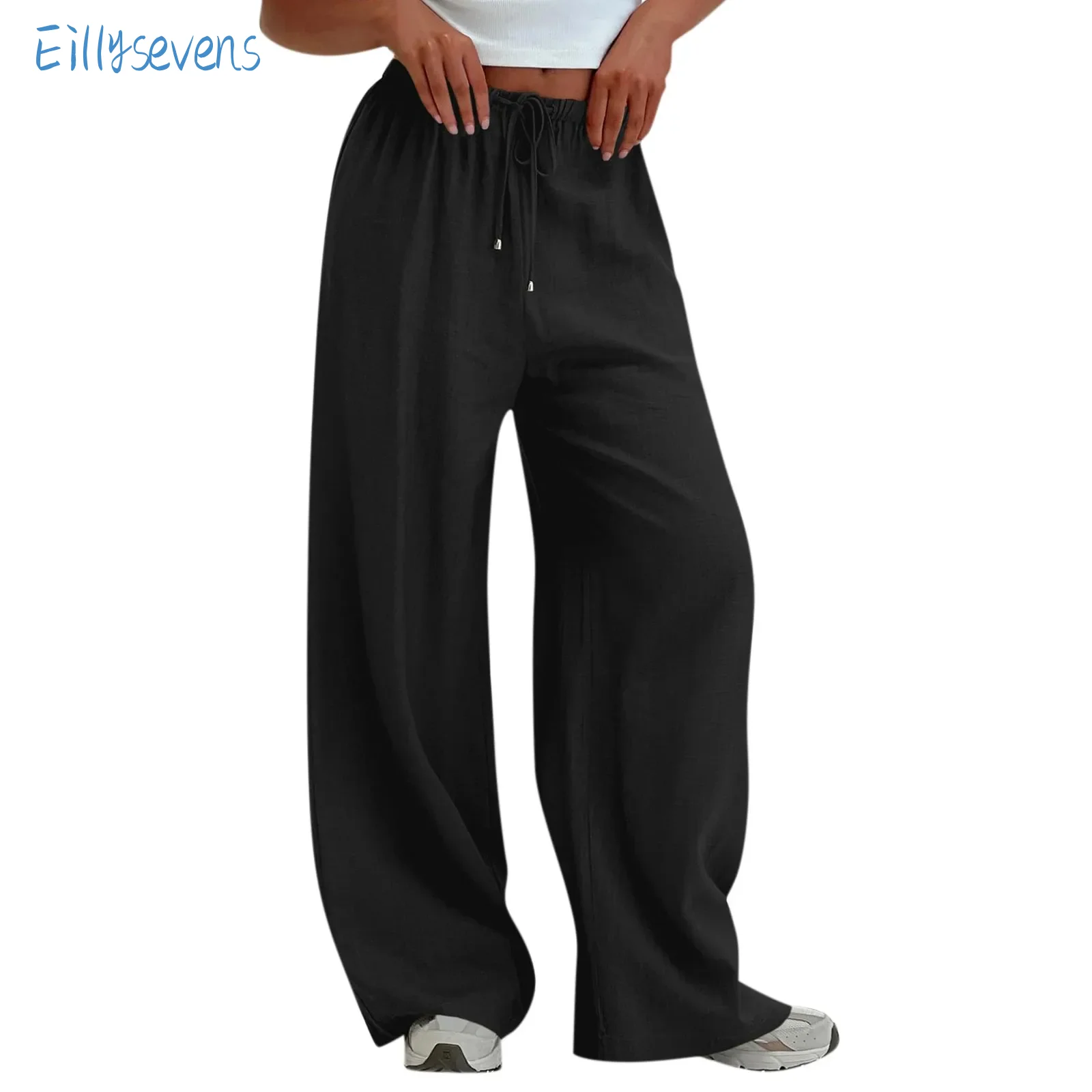 Женские трендовые свободные прямые брюки, однотонные длинные брюки с поясом на резинке и карманами