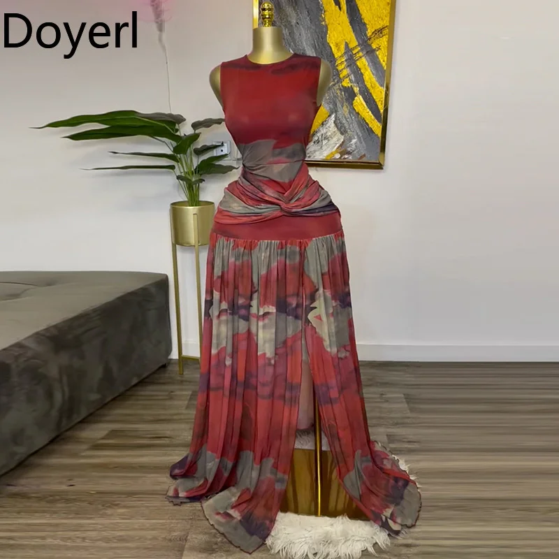 

Doyerl Printed Split A-line Maxi Dresses Woman Sleeveless O-neck High Waist Ruched Pleated Club Party Long Dress Vestidos Largos