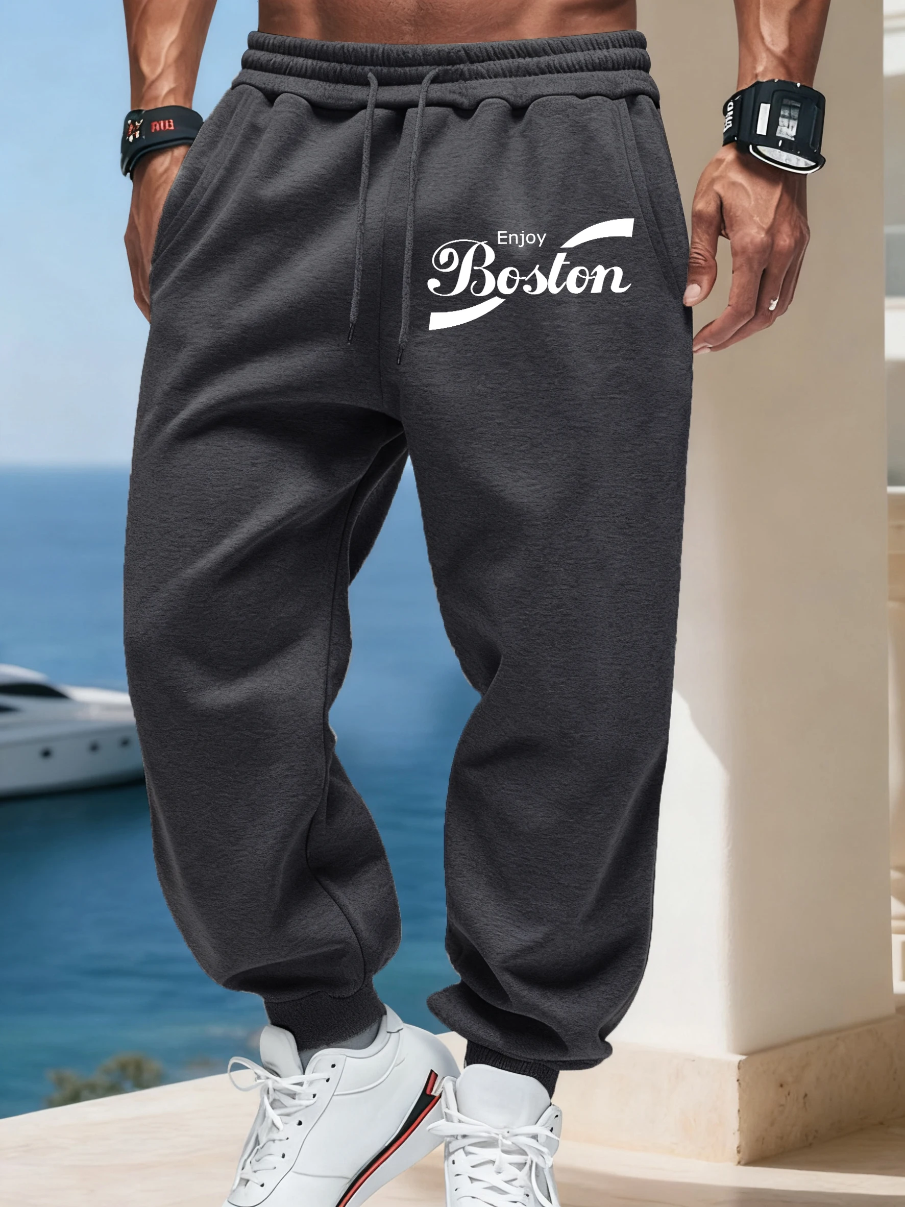 

Enjoy Boston Letter Printed Man Casual Basics Sportpants Street Comfy Long Pant Pocket Fleece Trousers Drawstring Warm Britches