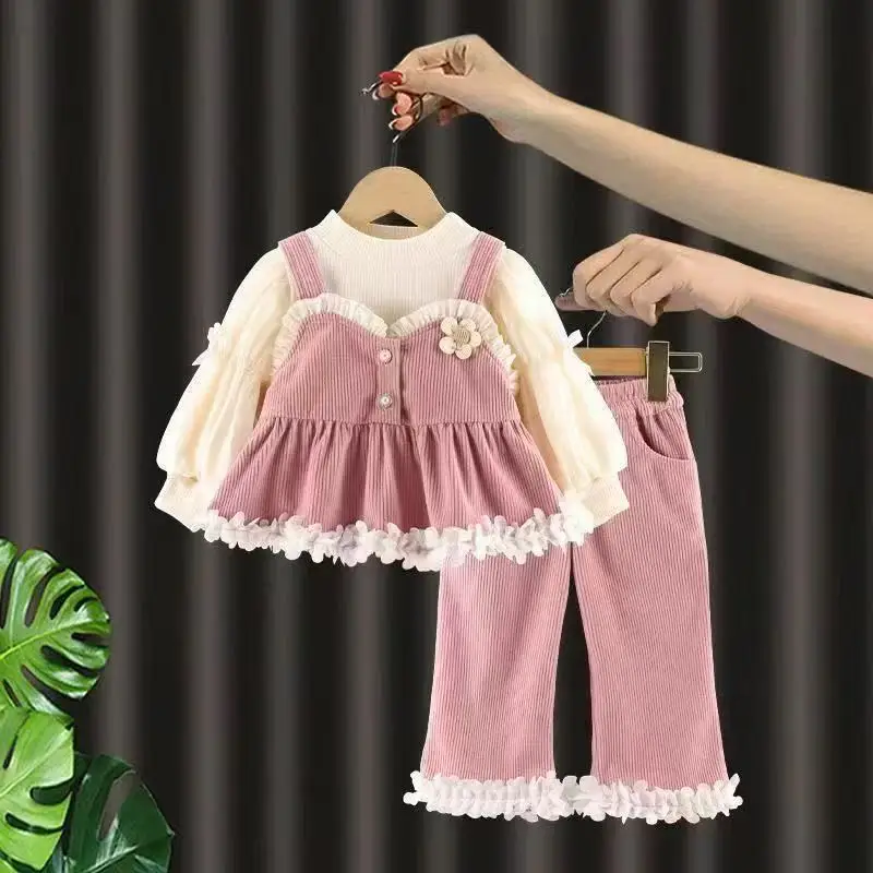 

Girls Spring Autumn Set 2025 New Children Girls Clothing Casual Pants Three Pieces Set Baby Princess Strap Skirt Cotton Corduroy