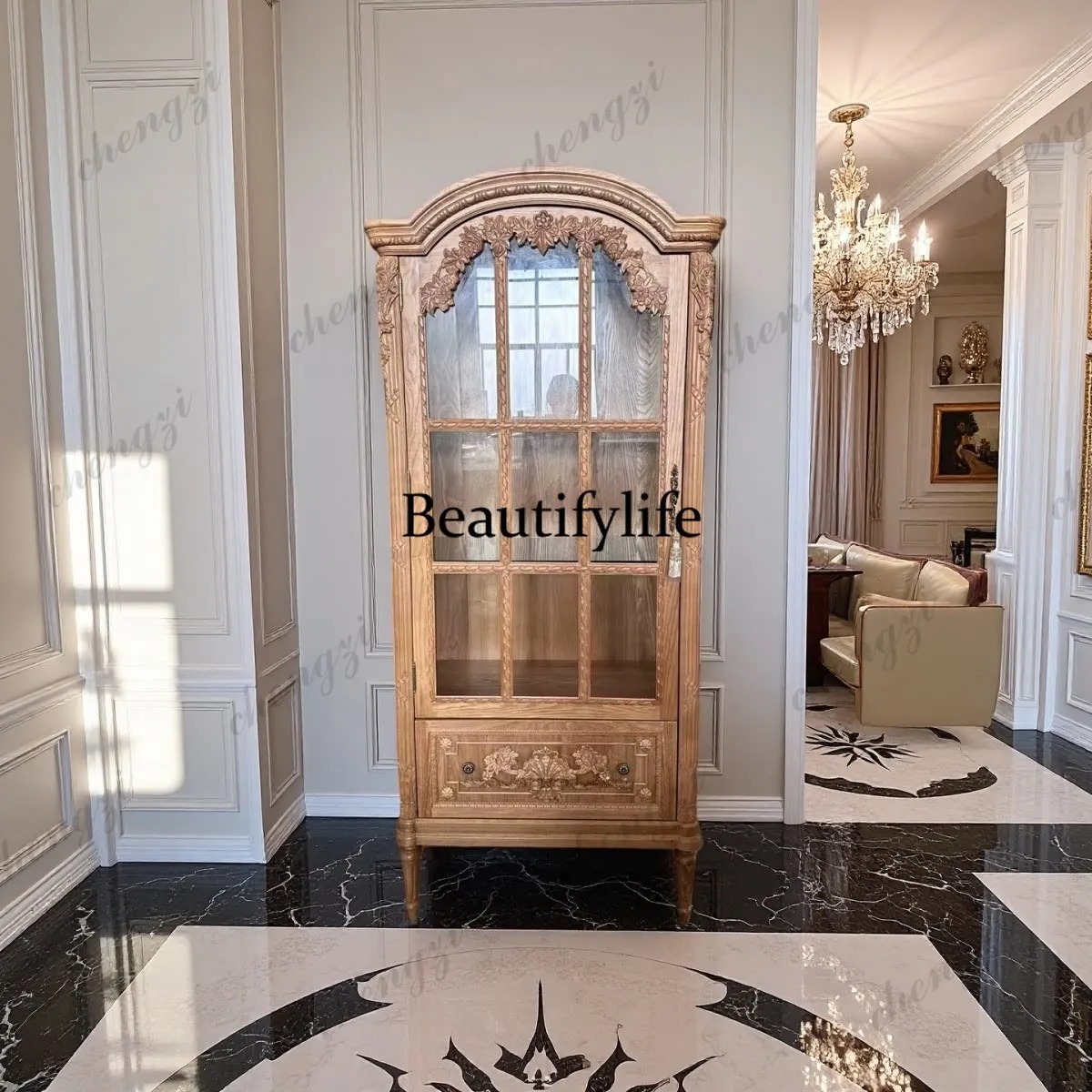 American style, solid wood carving flower glass wine cabinet French retro dining edge, display, living room decorative locker