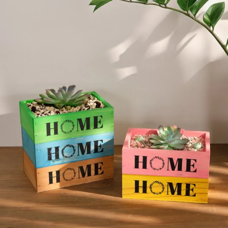 Vintage Wooden Box Balcony Planter Rectangular Succulent Arrangement Natural Solid Wood Durable Flower Pot for Indoor Plants