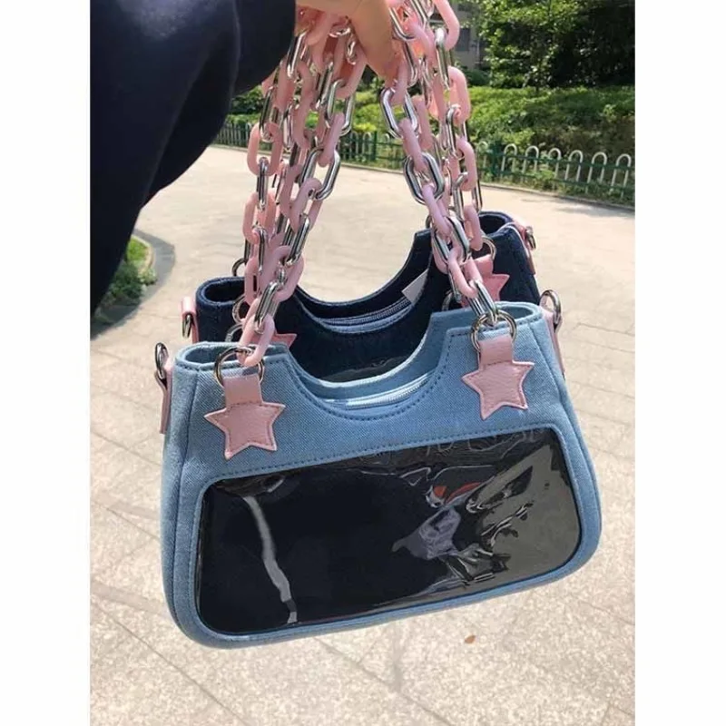 Różowa torebka damska Y2k Star Chain Bag New Fashion Cool Dark Harajuku dżinsowa torba Tote babki bagietki bagietki