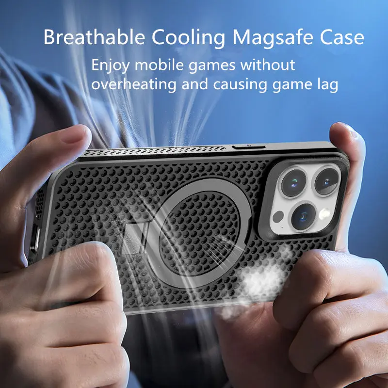Luxury Skin Feel Magnetic Bracket Cooling Magsafe Case for iPhone 15 Pro Max 11 12 13 Pro 14 Plus Breathable Rugged Phone Cover