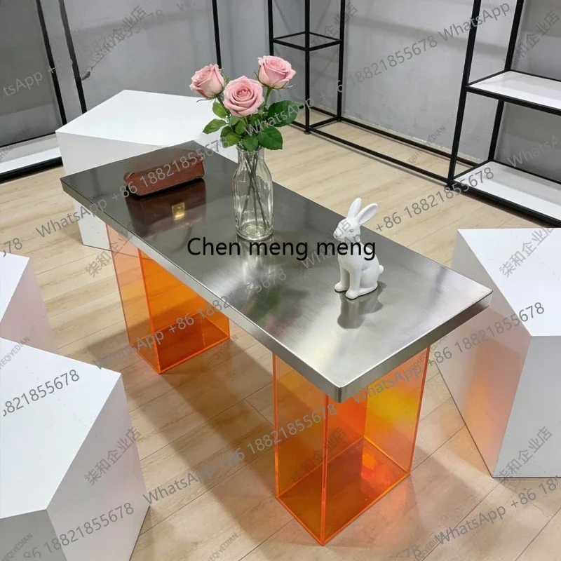 G153 Stainless Steel Acrylic Display Table Creative Square Store Flowing Water Platform Island Cabinet Prop Display Cabinet