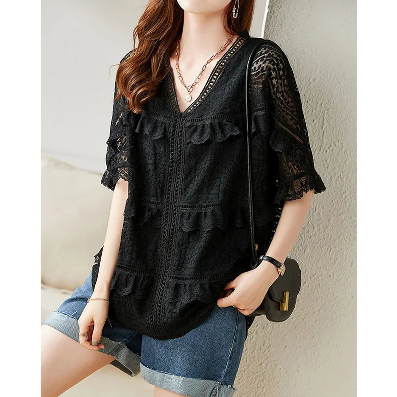 Black Stereoscopic Embroidered Lace V-neck Half Sleeved T-Shirts for Women Summer Clothes Hollow Out Loose-fitting Chiffon Tops