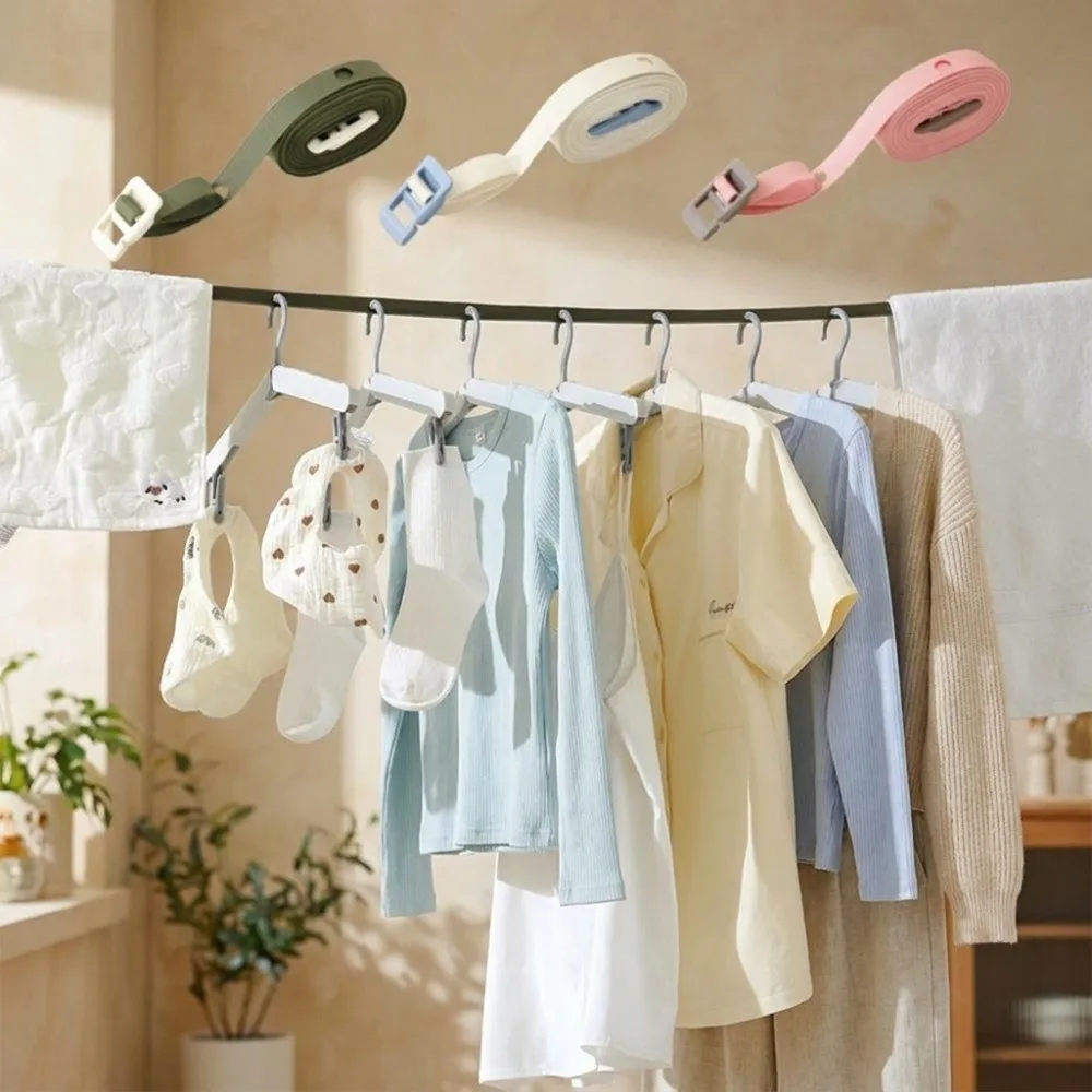 Woven Strap Portable Clothesline Adjustable Length No Drill Adjustable Laundry Line Lightweight Clip Hanging Points