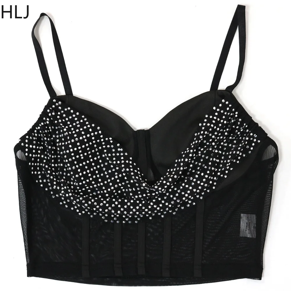 HLJ Sequined Sexy Two Piece Set Women Birthday Party Clubwear Corset Crop Top + Mesh See Through Pants Sets Elegant Outfits 2PCS