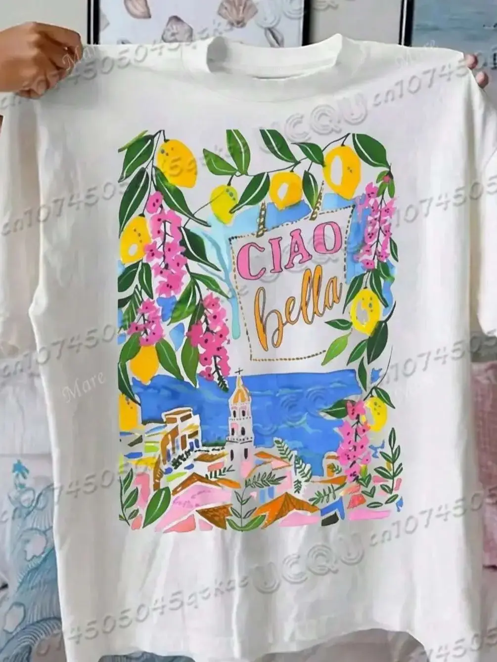 تي شيرت Ciao Bella من القطن المطبوع بالفواكه والنباتات تي شيرت صيفي نسائي مريح كاجوال بأكمام قصيرة للسفر والعطلات تي شيرت فضفاض