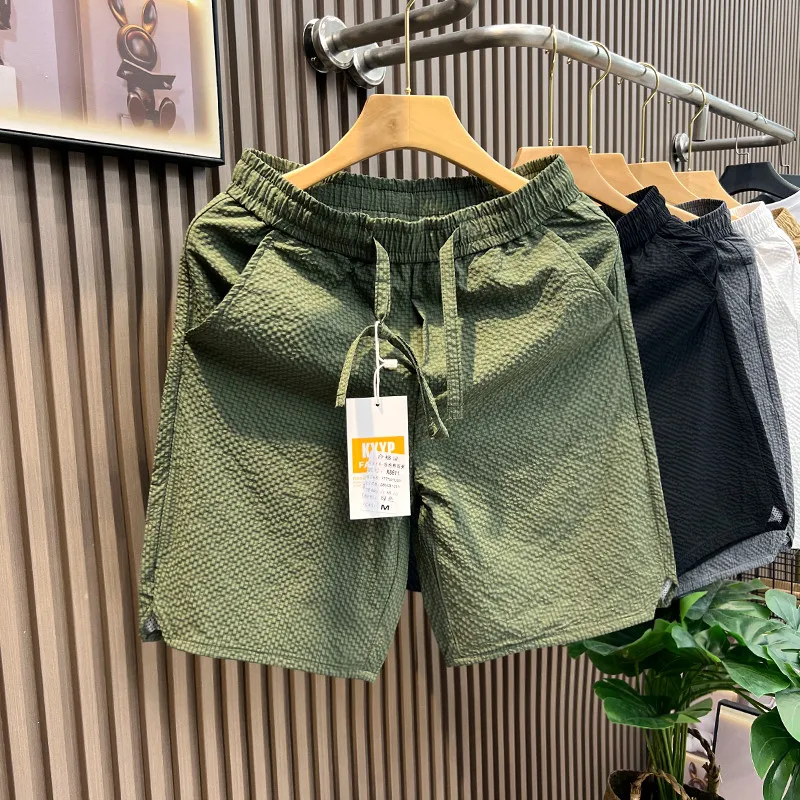 High-End Bubble Cloth Casual Shorts Men's Summer Ice Silk Quick Dry Loose Sports Beach Five-Quarter Pants Straight Leg Fit