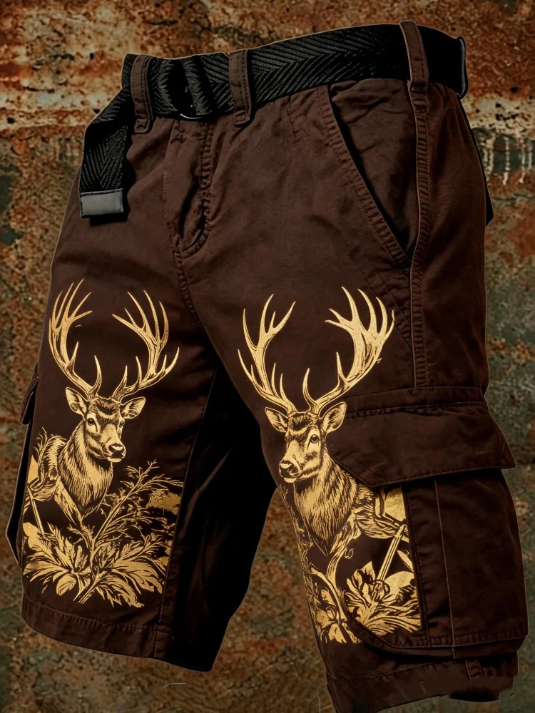 Pantalones Cortos Cargo para Hombre con Estampado de Ciervo, Marrón Dorado, Estilo Vintage, Corte Holgado, Múltiples Bolsillos, Cintura Elástica, Pantalones Cortos Urbanos con Cinturón