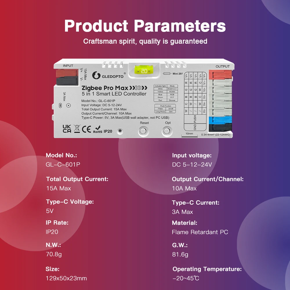 GL-C-601P  ZigBee 3.0 Pro Max 5 in 1 LED Controller RGBCCT RGBW RGB CCT Dim Light Mix 20A Pluggable Fuse App Voice GLEDOPTO