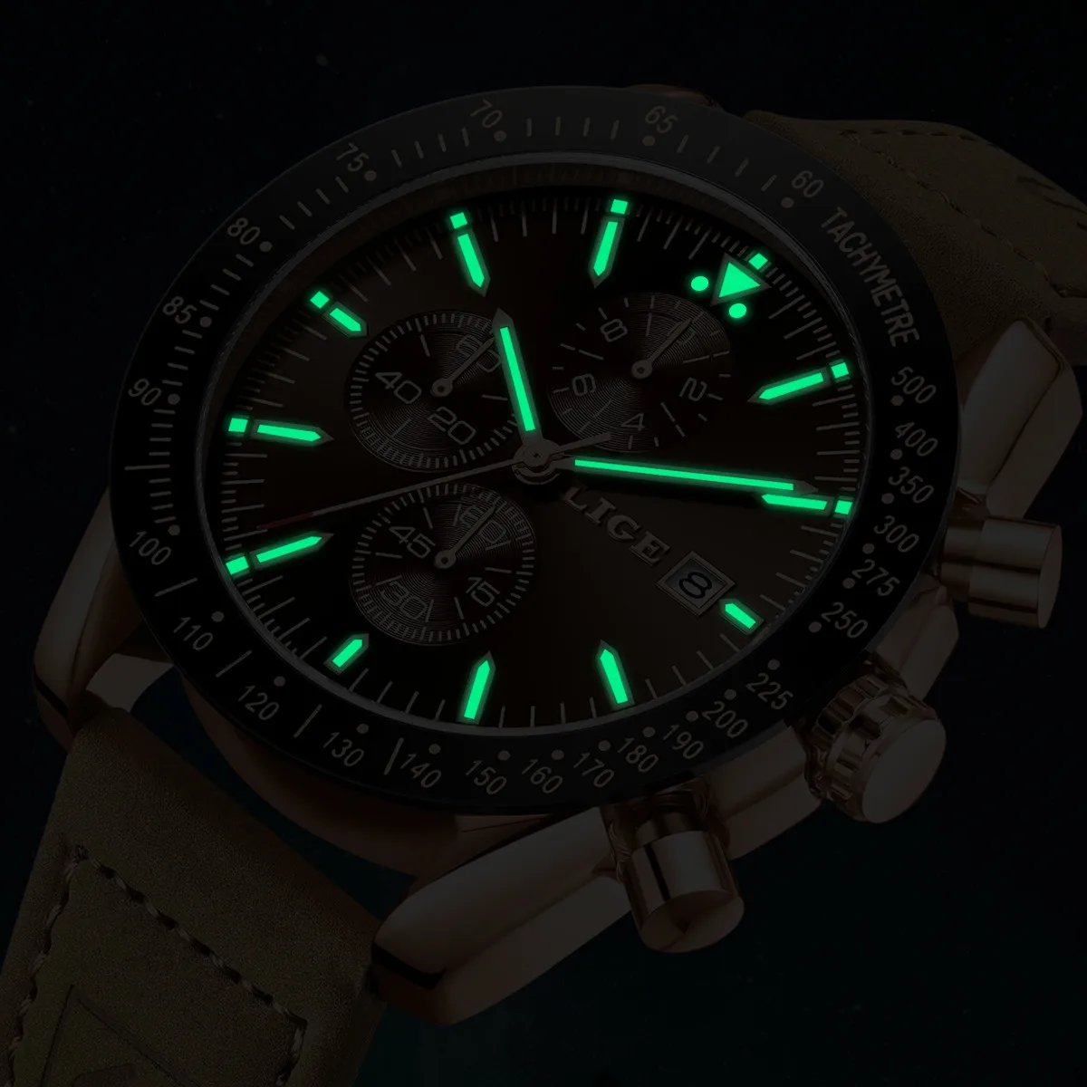 LIGE ساعات جلدية رجال الأعمال موضة 30 متر مقاوم للماء كوارتز ساعة اليد كرونوغراف تاريخ فاخر مضيئة ساعة رياضية للرجال + صندوق