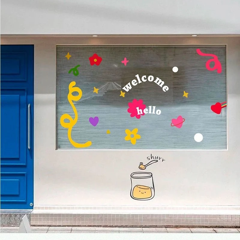 Welcome English Geometric Shape Hand Drawn Illustration Stickers Shop Glass Door Cartoon Creative Decorative Windows Stickers