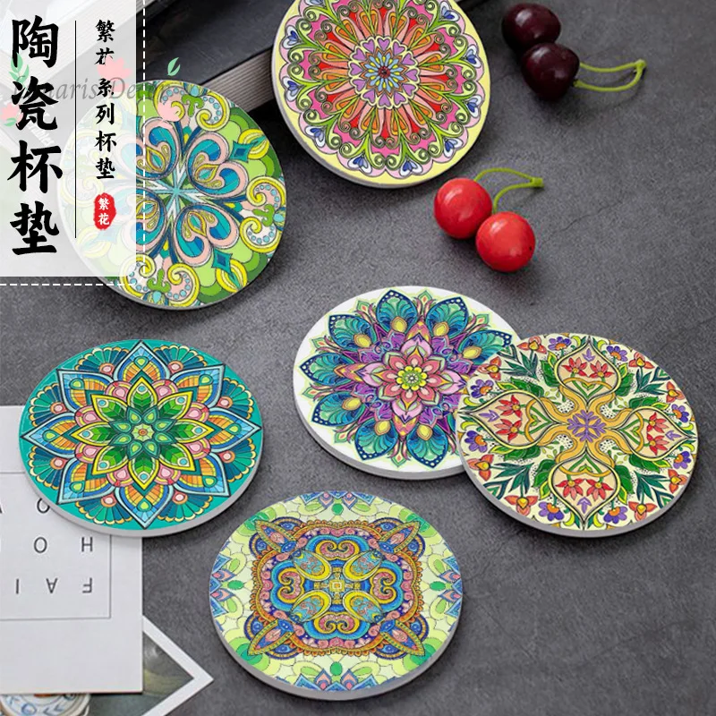 5PCSFlowering ceramic coaster, relief cork cross-border flower dining table, heat insulation mat, desktop anti-scalding mat,