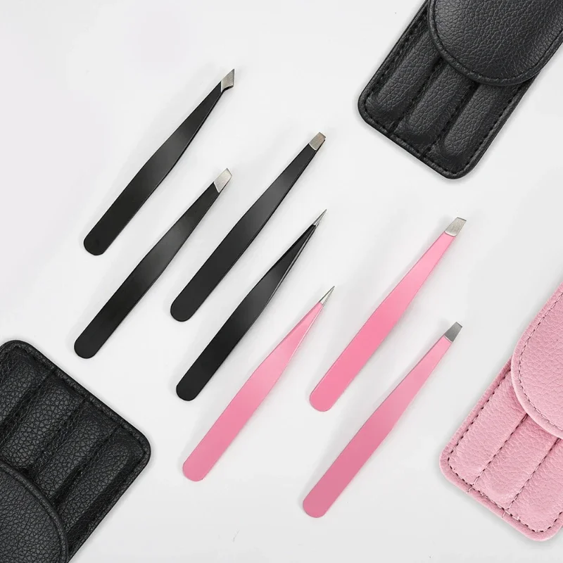 Rvs Wenkbrauw Pincet Roze Schuine Zwarte Tip Punt Gezicht Onschadelijk Make-Up Beauty Tool Platte/schuine/puntige Pincet