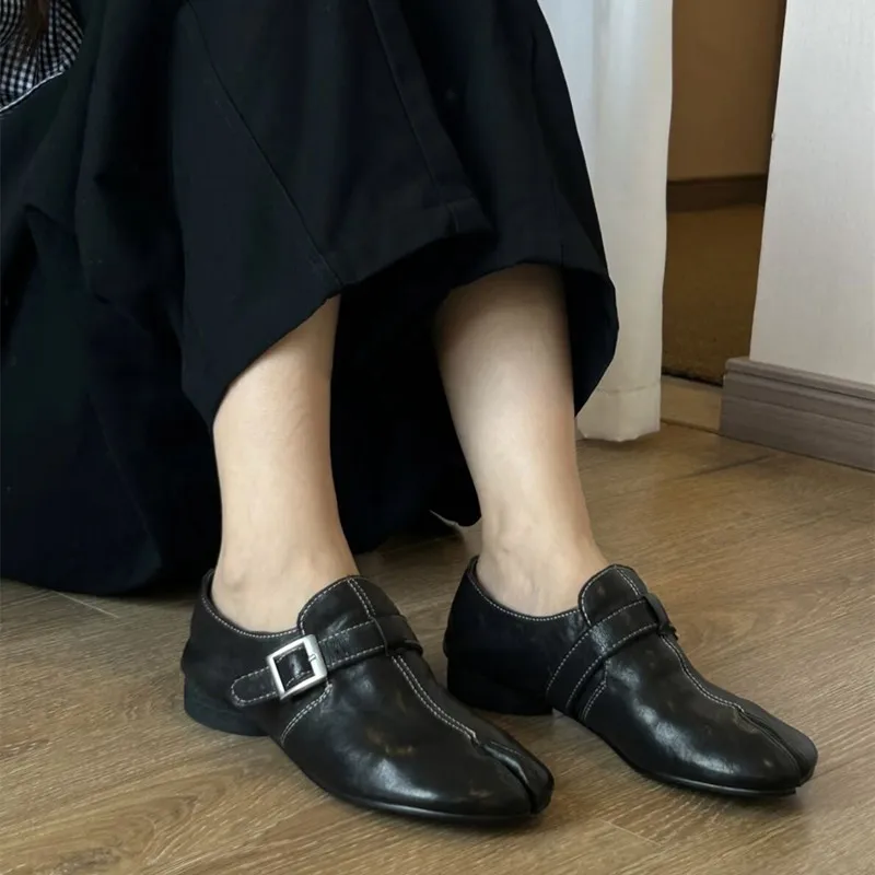 Ins style Fashion Soft Leather Strap Buckle Sewing Women Pumps Casual Low Heeled Split Toe Loafers Female Lazy Tabi Daily Shoes image 5
