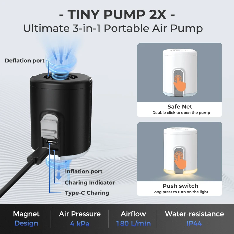 FLEXTAILGEAR TINY PUMP 2X - 4kPa Portable Air Pump with Camping Light and 1600mAh Battery for Air Bed Sleeping Pads Pool Floats