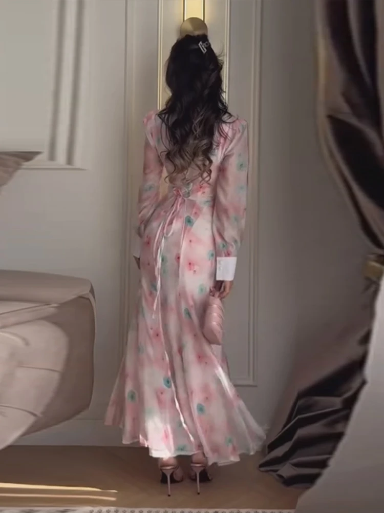 Bedrucktes Y-Ausschnitt-Kleid mit Schnürung und Paneelen, langes Kleid für Damen, elegant, mit langen Ärmeln, seitlicher Knopfleiste, einreihig, schmal geschnitten, Party- und Abendkleider, neu. – Detail 10