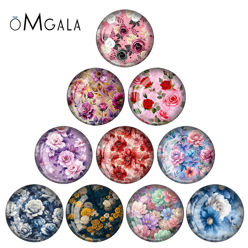 Colorful Vintage Rose Flowers Art Paintings 10pcs 12mm/18mm/20mm/25mm Round photo glass cabochon demo flat back Makings