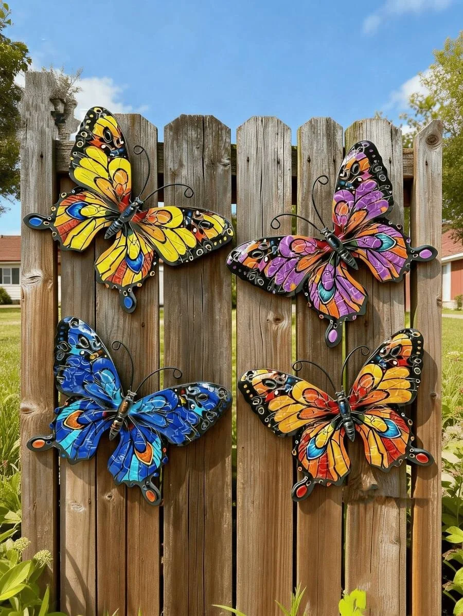 4pcs Colorful Metal Butterfly Statue Wall Decor, Suitable for Gardens, Courtyards, and Outdoor Fence Wall Art Decoration
