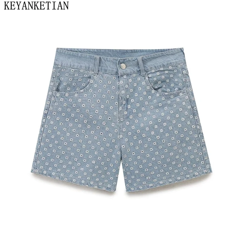 

KEYANKETIAN Summer New Women's Hollow out Embroidery Denim Shorts Holiday wind Cotton blend Zipper Mid waist Slim Straight Pants