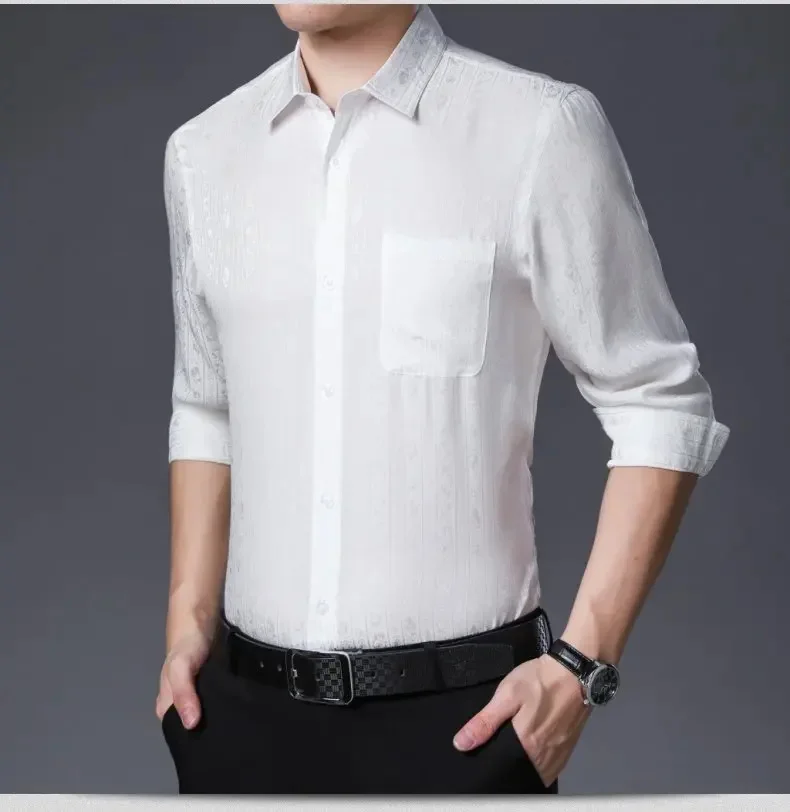 High Quality 100% Mulberry Real Silk Shirt for Men Long Sleeve Men's Stain Casual Tops Clothing Chemises