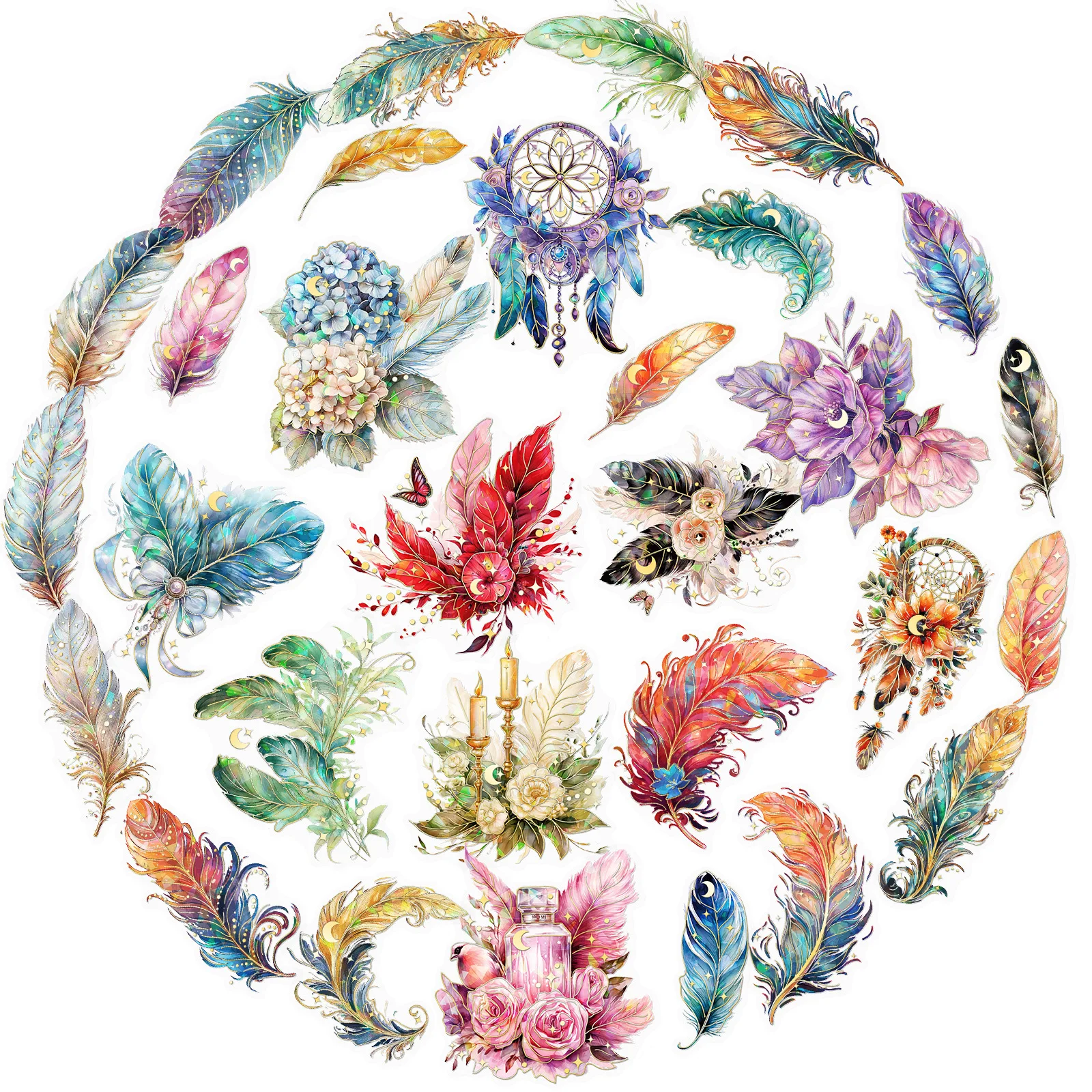 

30Pcs feather flowers sticker literary retro ins wind handbook DIY collage decorative material base bronzing PET sticker