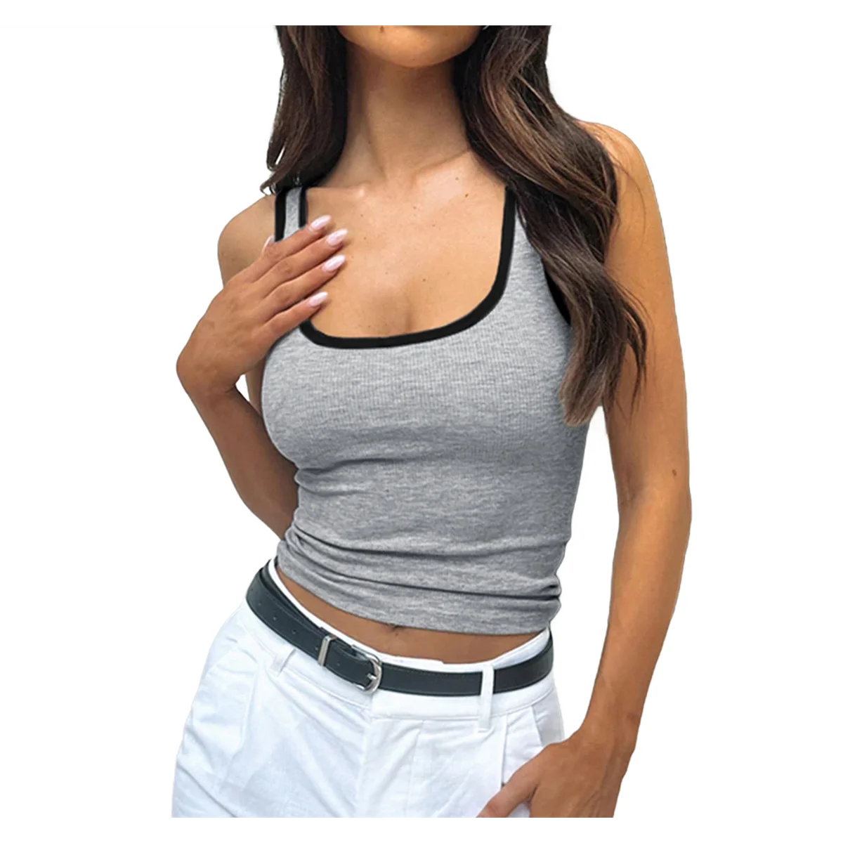 

Womens Summer Square Neck Ribbed Slim Fitted Spaghetti Strap Tank Tops Grey S