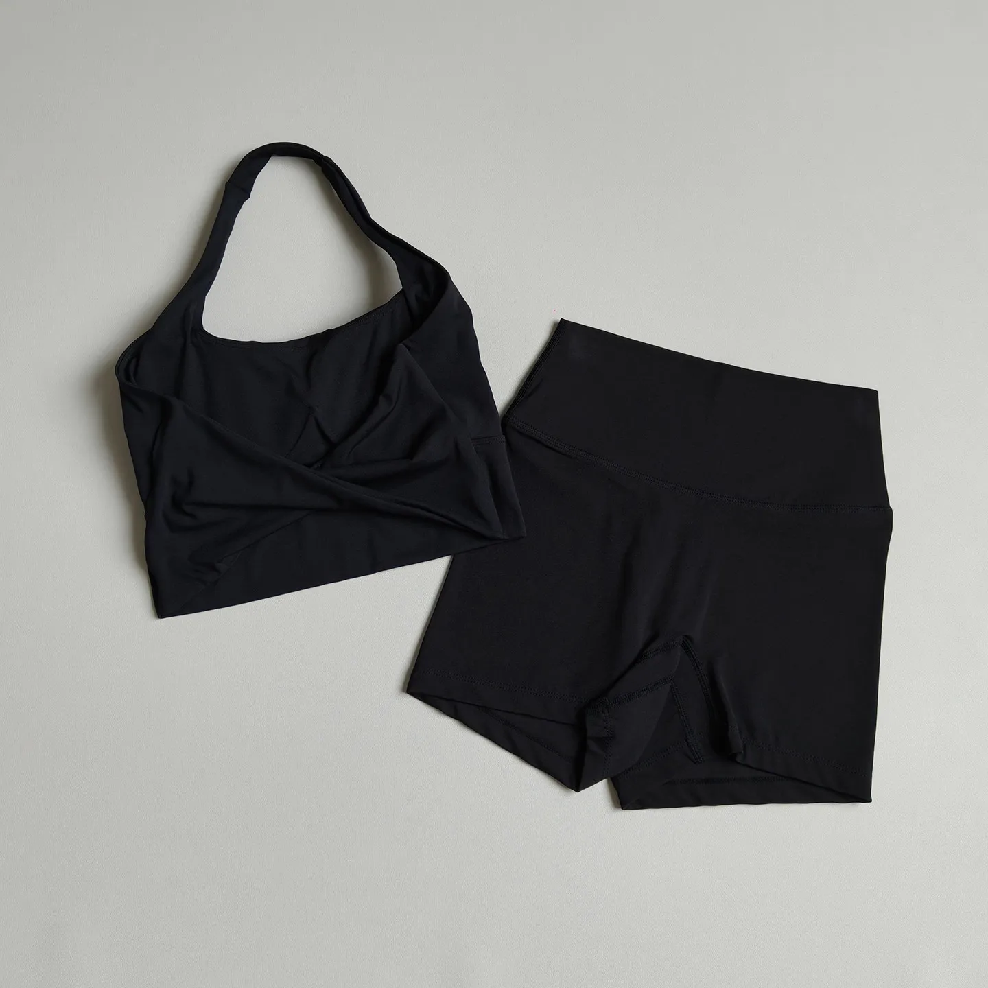 Damen High-Waist Rückenfreies Neckholder-Top 2-Teiliges Gym-Yoga-Set Fitness-Workout Sport-BH Camisole Shorts Fitness-Workout-Anzug – Detail 5