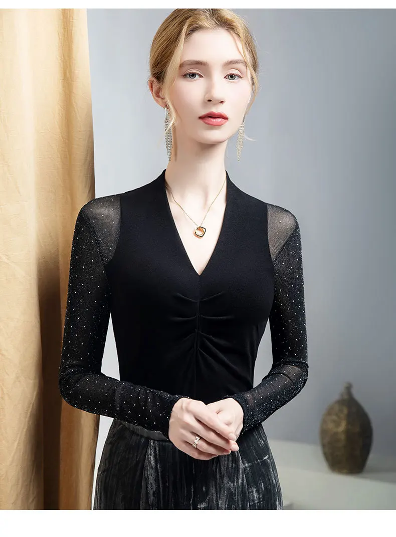 

MadBlack-Women European T-Shirt, Sexy V Neck Hot Diamond Patchwork, Clubwear Long Sleeve Slim S-3XL Tee, 2025 Winter T5D158CC