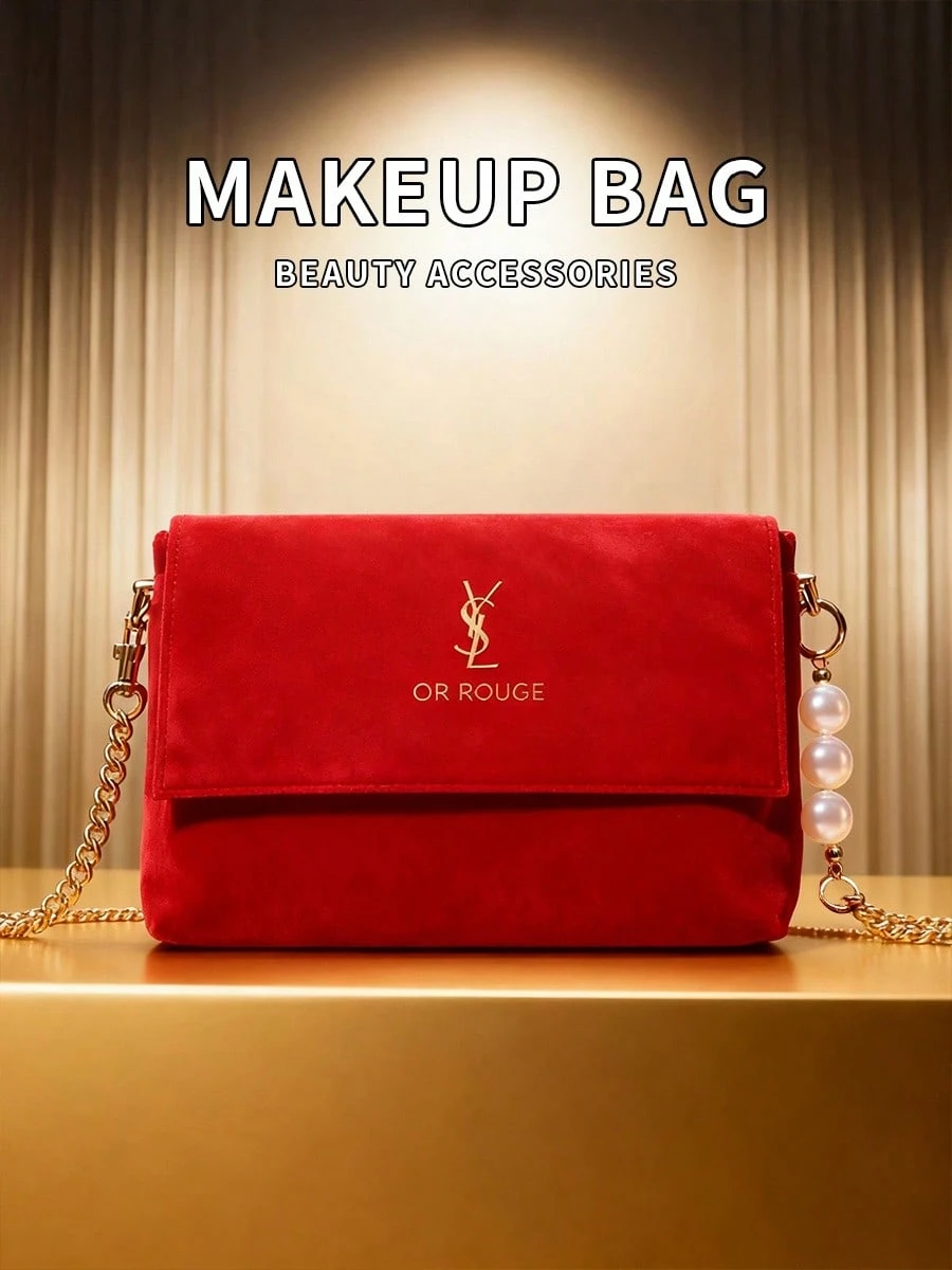 YSL Red Velvet DIY Makeup Bag, Metal Chain, Large‑Capacity Crossbody Cosmetic Bag, Luxury Daily Gift for Women Travel Use
