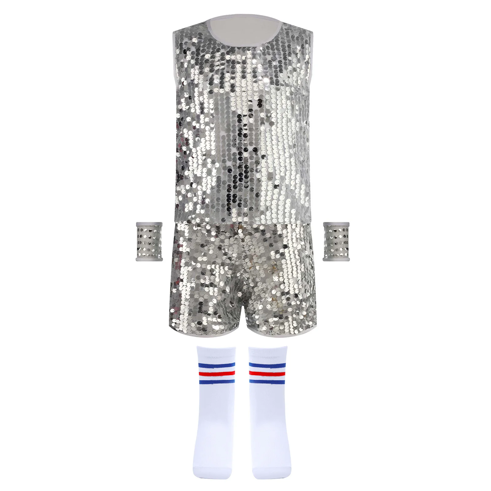 

Kids Girls Boys Jazz Dance Outfits Sparkling Sequin Tank Top+Shorts+Socks+Cuffs for Hip-Hop Cheerleading Dance Stage Performance