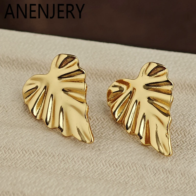 ANENJERY 316L Stainless Steel Glod Color Leaf Earrings For Women Simple Fashion French Jewelry Party Gifts Wholesale