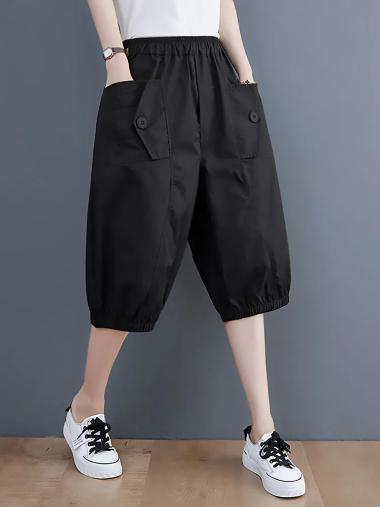 

Summer Fashion Women's Half Length Pants Elastic Waist Solid Color Pockets Casual Loose Shorts Lady Korean Style Thin Trousers