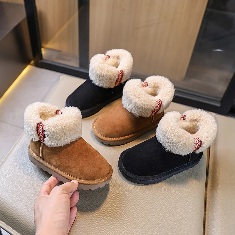 Kids Snow Boots Winter Toddler Girls Fashion Ankle Short Boots Boys Children Warm Fur Genuine Leather Shoes Soft Platform