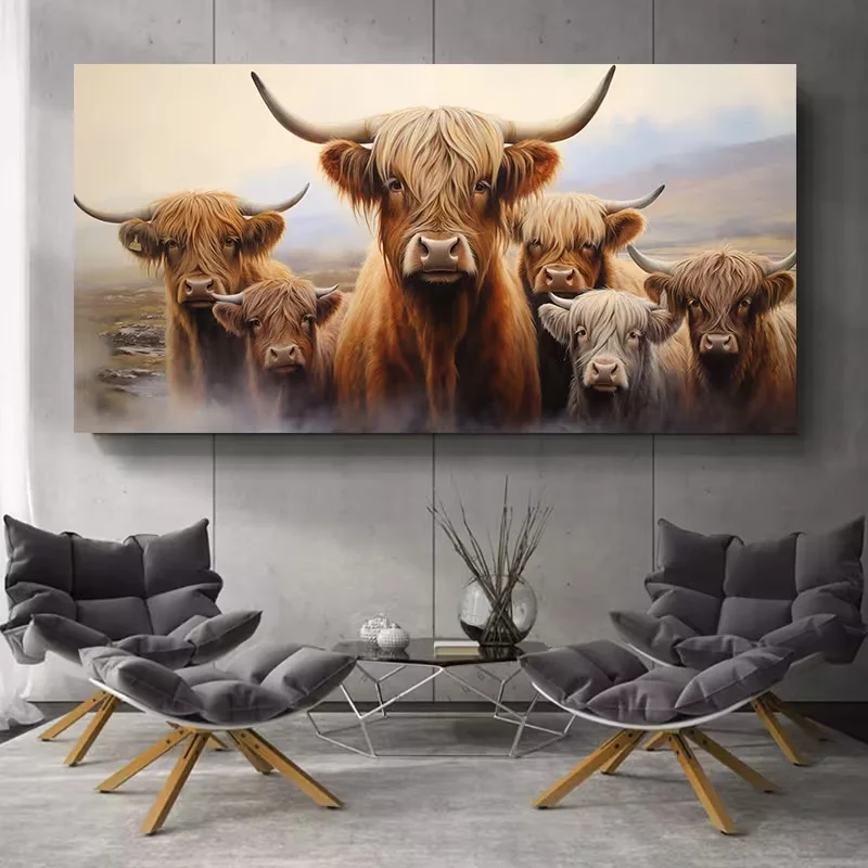 (1PC Unframe)One Piece of 2D/Flat Artwork Featuring a Family of Highland Cows, Perfect for Farmhouse Decor. This Canvas Showcase