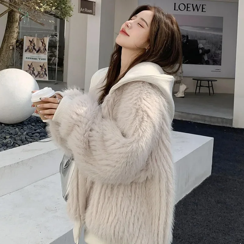 2023 New Winter Women Imitation Fox Fur Coat Loose Leisure Warm Outwear Female Fashion Stitching Imitation Mink Hooded Outcoat